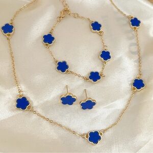 18K Gold Plated blue clover necklace set stainless steel womens jewelry
